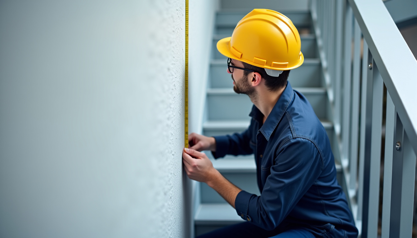 Technicien certifié en train de mesurer un escalier lors d’une visite technique à Saint-Clément-de-la-Place