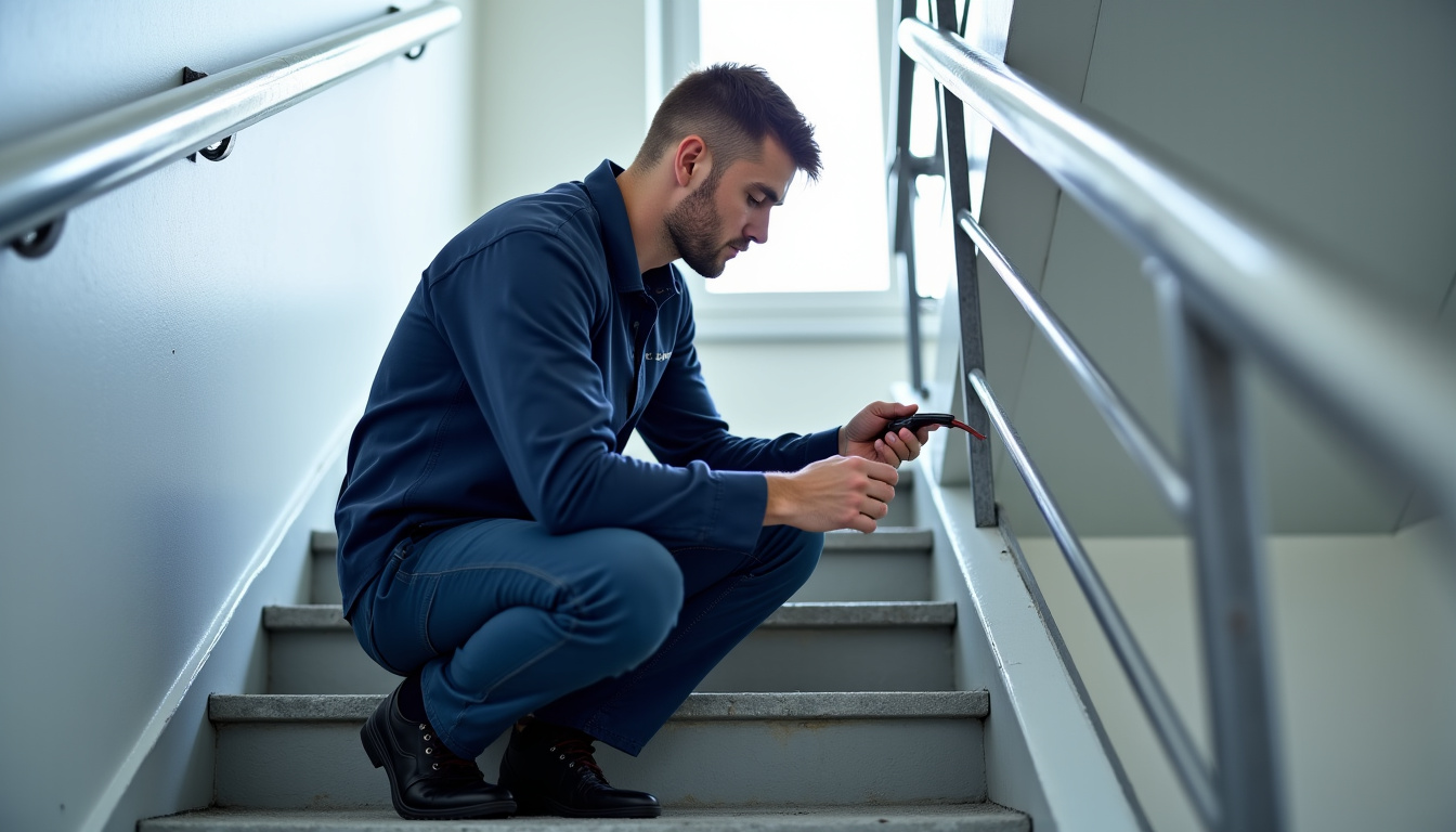 Technicien effectuant la maintenance d’un monte-escalier à Dommartin-lès-Remiremont