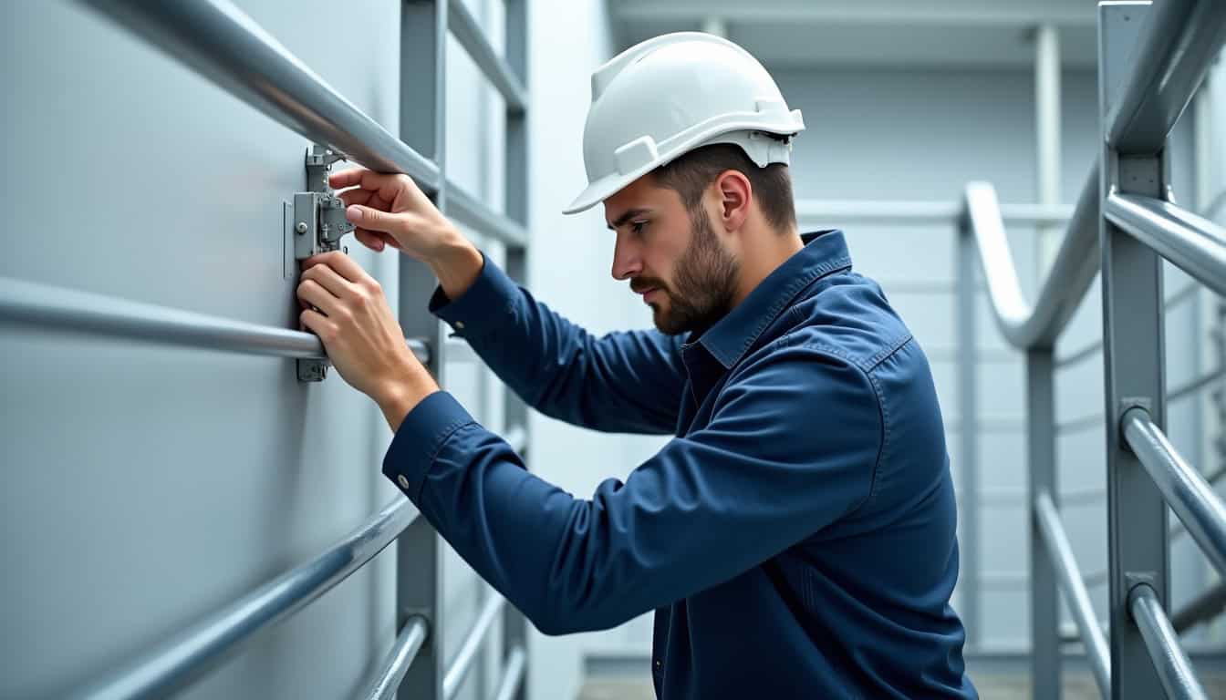Technicien effectuant un entretien annuel sur un monte-escalier à Cruas, vérifiant le rail et les composants électriques