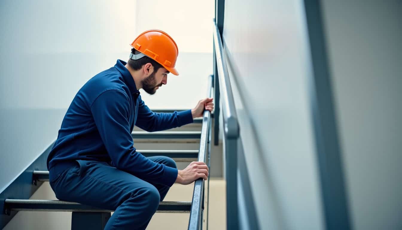 Technicien effectuant un entretien annuel sur un monte-escalier à Ussel