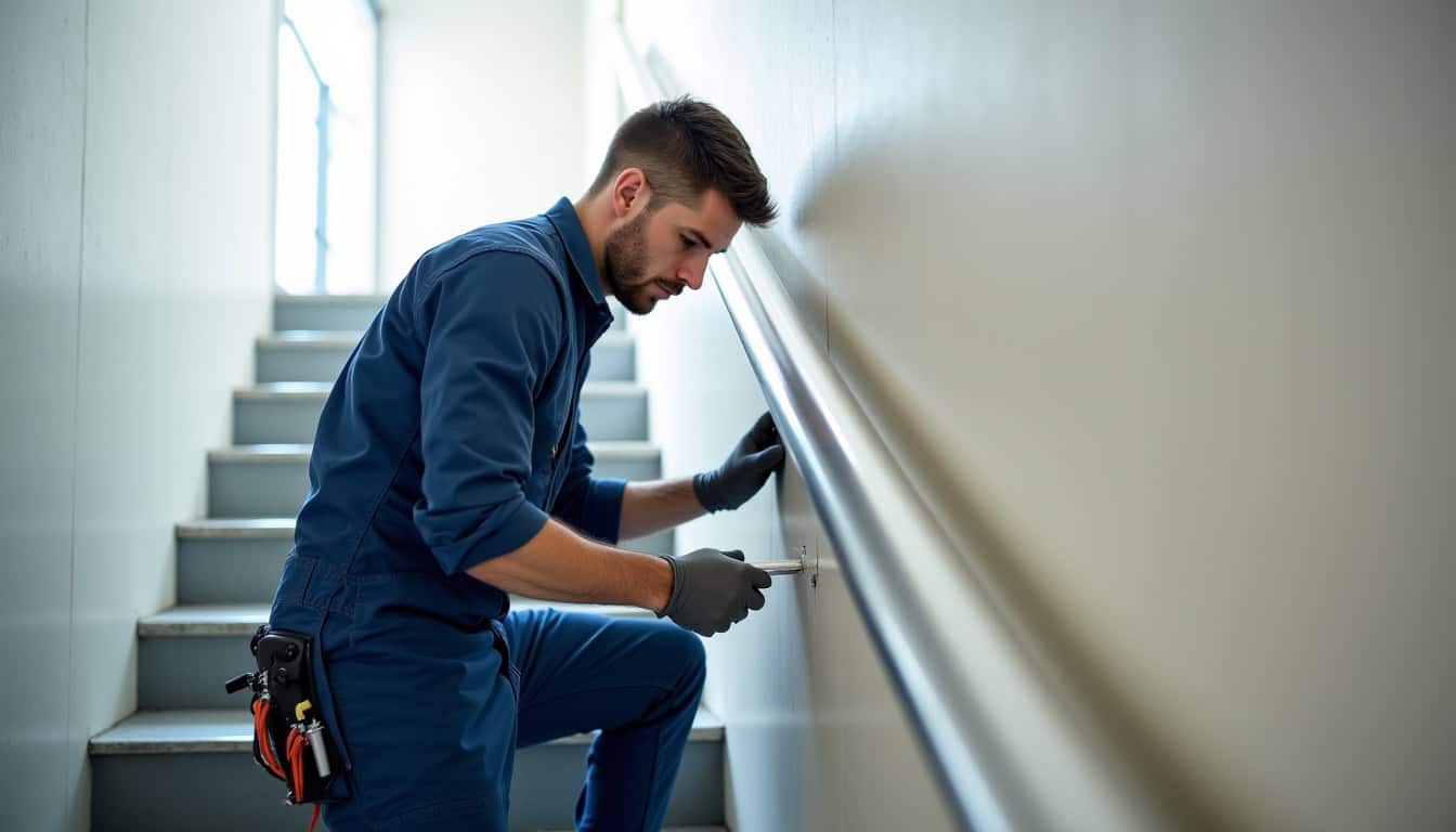 Technicien effectuant un entretien de routine sur un monte-escalier à Puylaurens