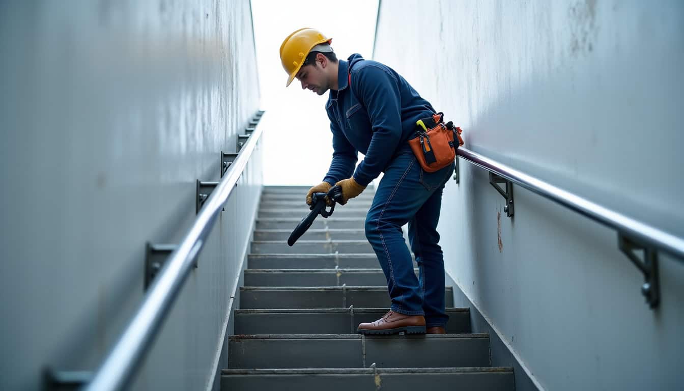 Technicien effectuant une maintenance annuelle sur un monte-escalier à Saint-André-le-Gaz