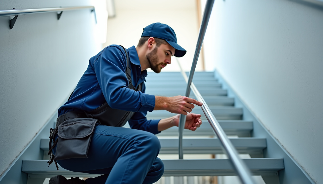 Technicien effectuant une maintenance annuelle sur un monte-escalier à Saint-Paul-de-Varax