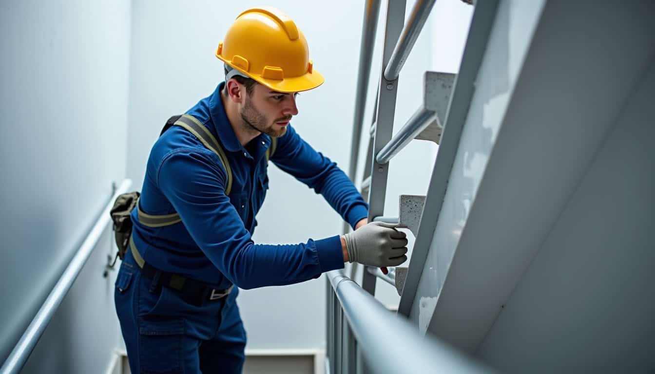 Technicien effectuant une maintenance préventive sur un monte-escalier à Aiserey