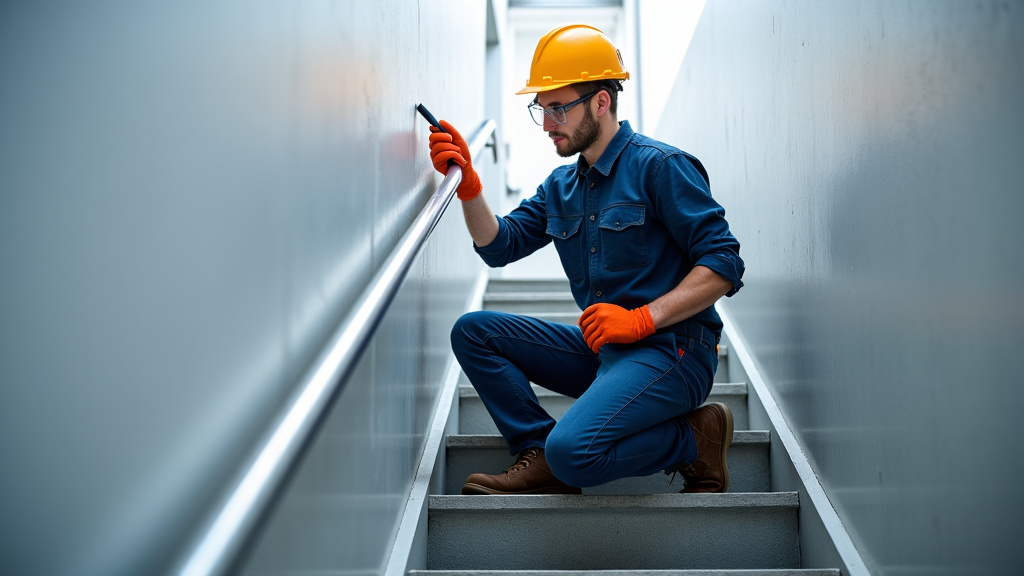 Technicien effectuant une maintenance préventive sur un monte-escalier à Biéville-Beuville