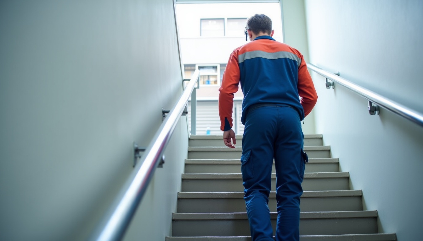 Technicien effectuant une maintenance préventive sur un monte-escalier à Thue et Mue