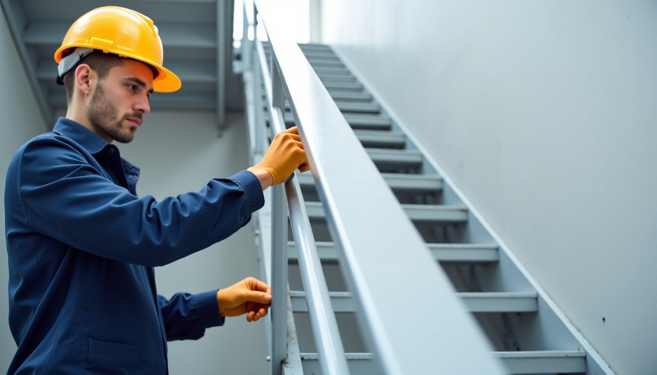 Technicien effectuant une maintenance sur un monte-escalier à Mours-Saint-Eusèbe