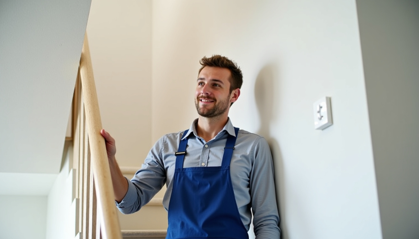 Technicien en tenue professionnelle vérifiant un monte-escalier dans une maison de Juigné-sur-Sarthe