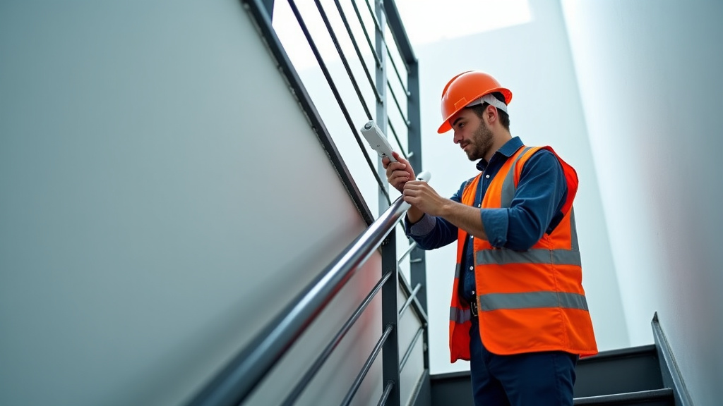 Technicien en train de fixer un rail de monte-escalier à Pleubian