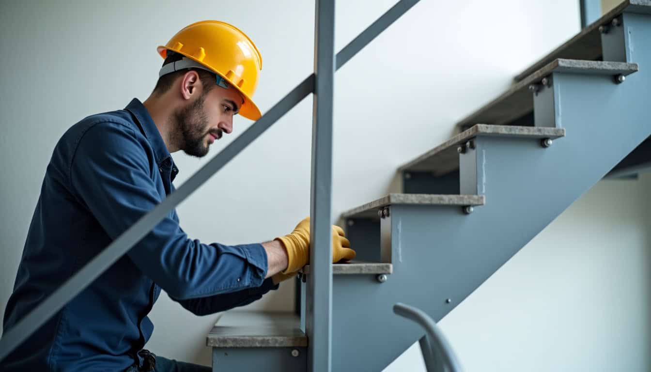 Technicien en train de fixer un rail de monte-escalier lors d