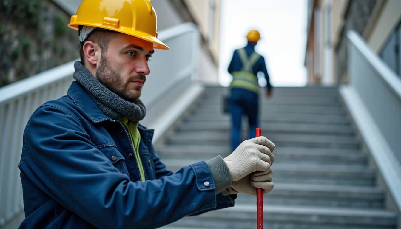 Technicien en train de fixer un rail de monte-escalier sur des marches à Baron-sur-Odon