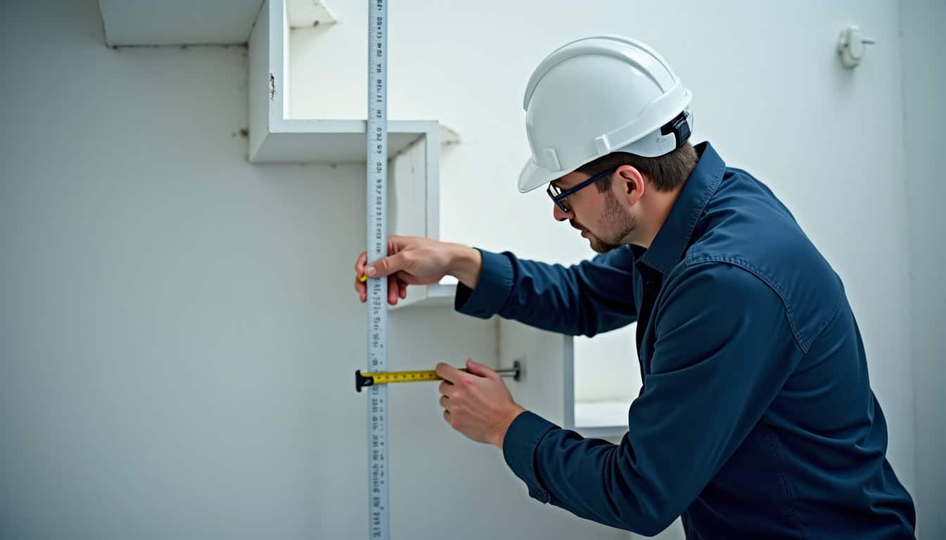 Technicien en train de mesurer un escalier à Cruas pour une étude de faisabilité de monte-escalier