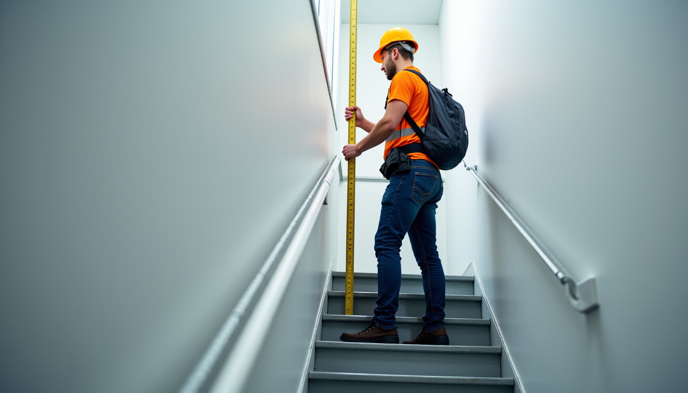 Technicien en train de mesurer un escalier à La Frénaye pour l