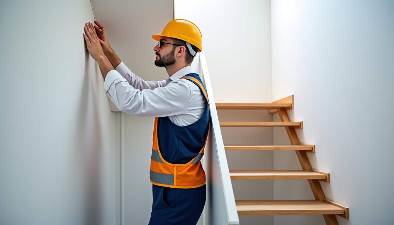 Technicien en train de mesurer un escalier à Messimy pour une installation sur mesure
