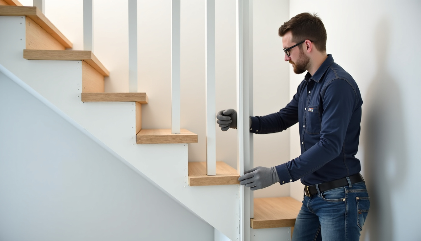 Technicien en train de mesurer un escalier à Reiningue pour une installation sur mesure