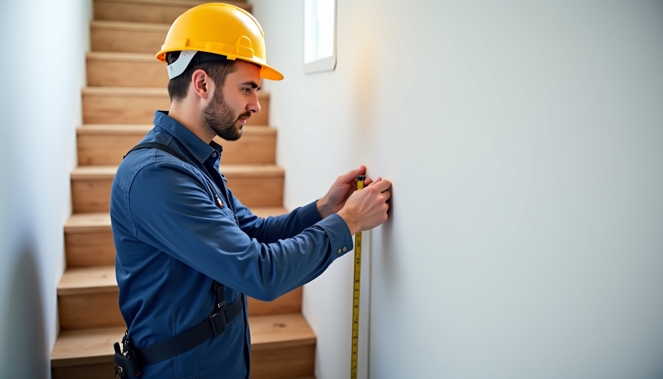 Technicien en train de mesurer un escalier à Vendeville pour une installation de monte-escalier