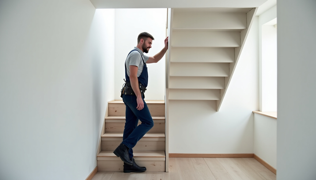 Technicien en train de mesurer un escalier à Vernantes pour installation de monte-escalier