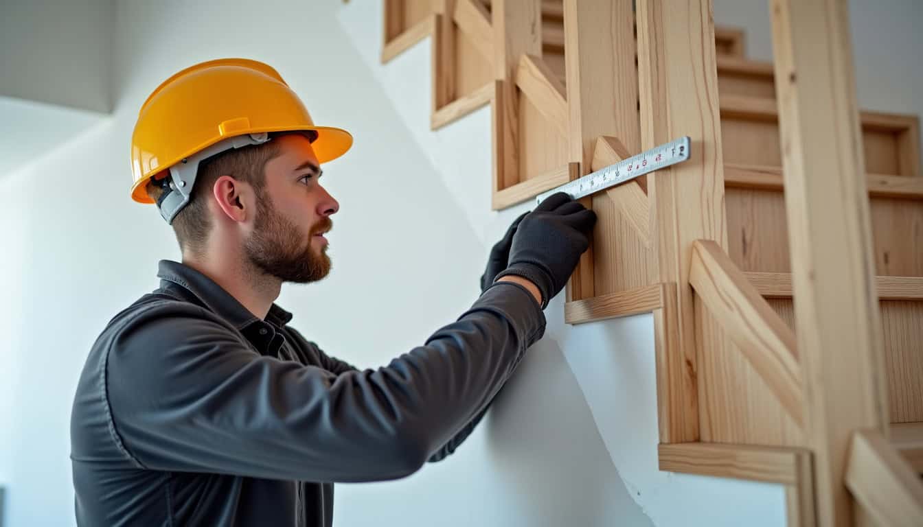 Technicien en train de mesurer un escalier en colimaçon à Thorigny-sur-Oreuse pour la pose d