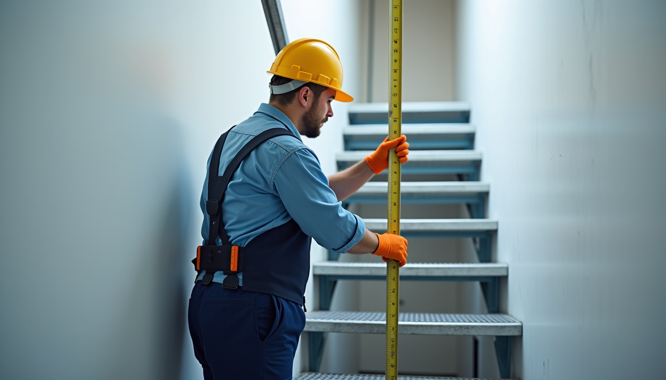 Technicien en train de mesurer un escalier en colimaçon lors d