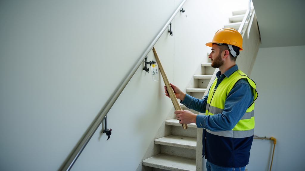 Technicien en train de mesurer un escalier en colimaçon pour la fabrication d