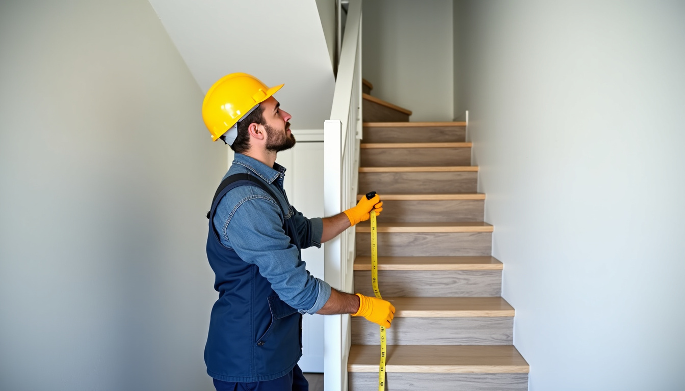 Technicien en train de mesurer un escalier en colimaçon pour une installation sur mesure à Saint-Hilaire-de-Brethmas