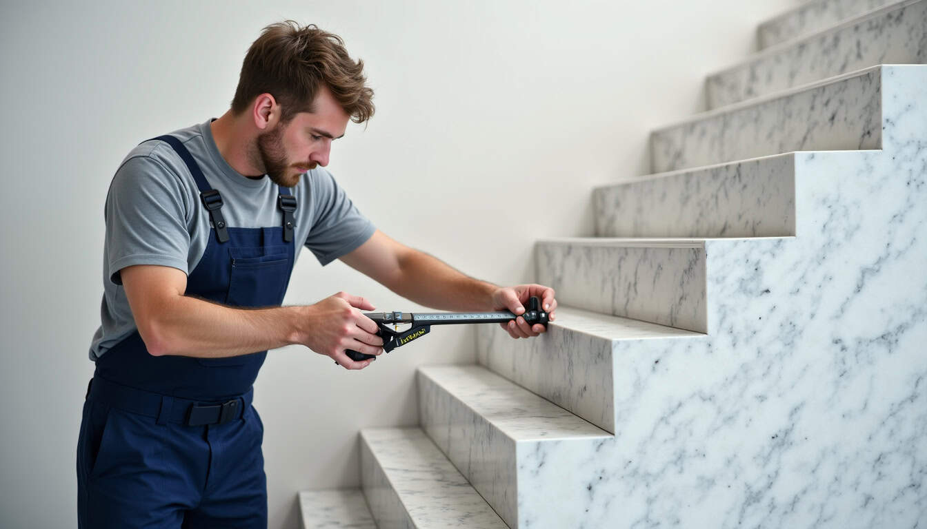 Technicien en train de mesurer un escalier en marbre pour la fabrication d