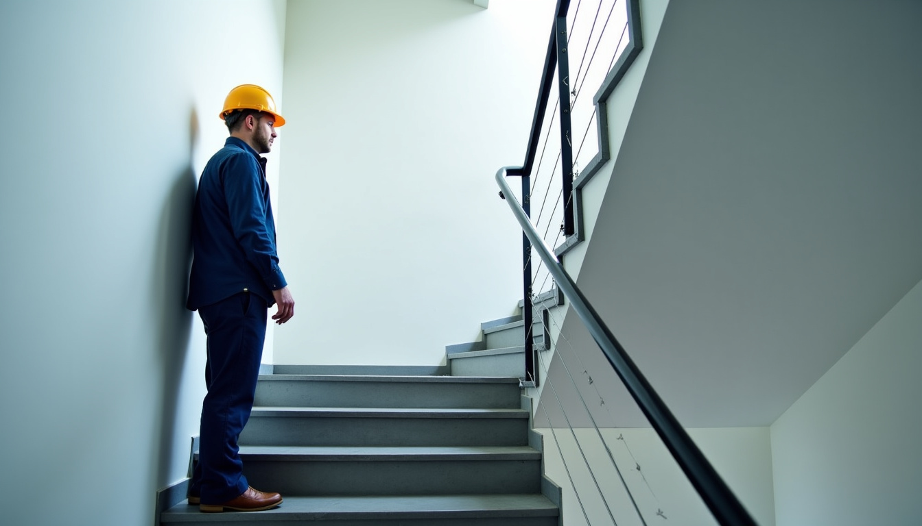 Technicien en train de mesurer un escalier lors d’une visite technique à Lacroix-Falgarde