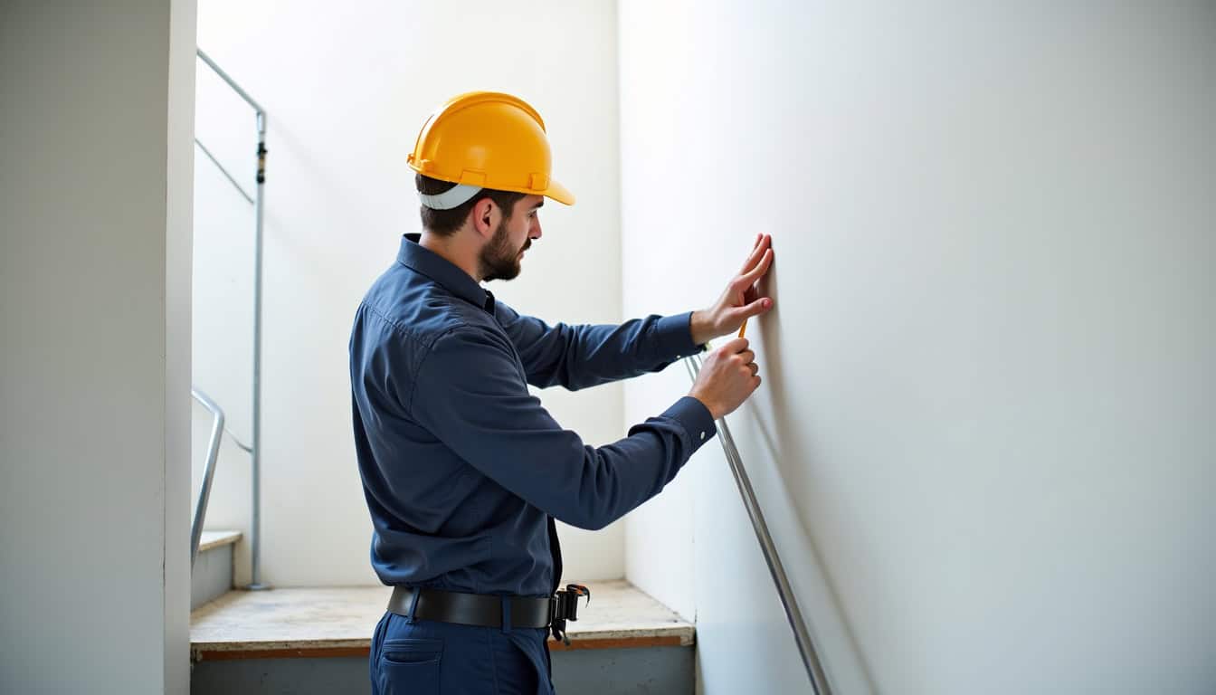 Technicien en train de mesurer un escalier pour installation à Sainte-Bazeille