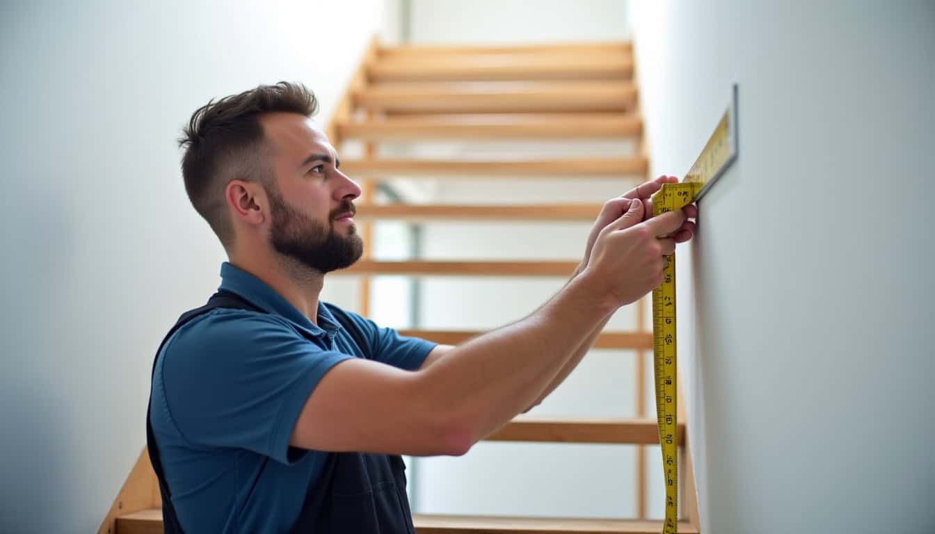 Technicien en train de mesurer un escalier pour l’installation d’un monte-escalier à Availles-en-Châtellerault