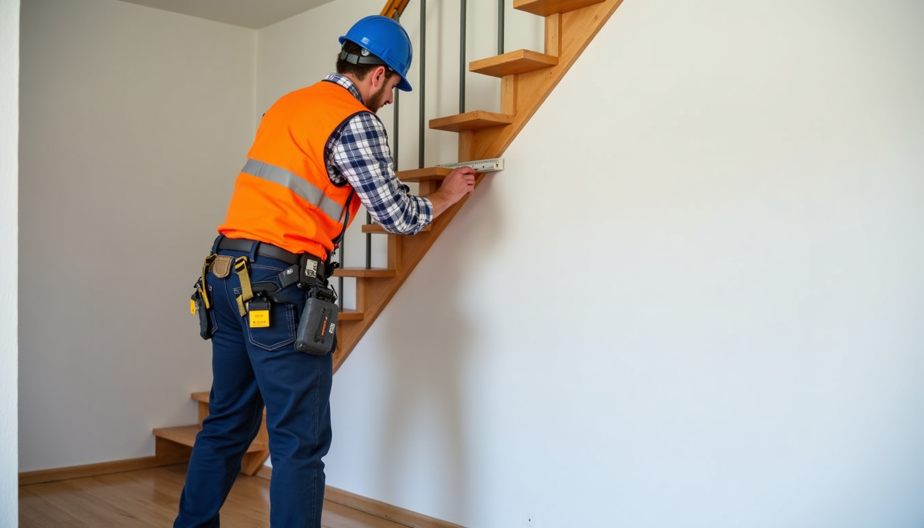 Technicien en train de mesurer un escalier pour l’installation d’un monte-escalier à Boissy-le-Châtel