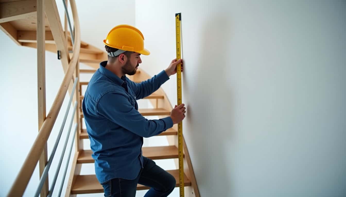 Technicien en train de mesurer un escalier pour l’installation d’un monte-escalier à Cilaos