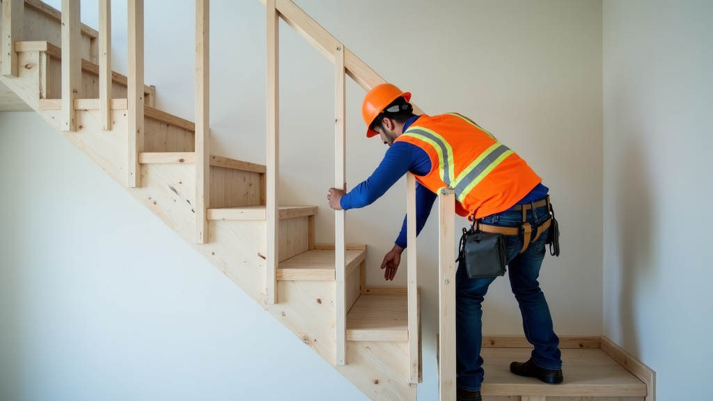 Technicien en train de mesurer un escalier pour l’installation d’un monte-escalier à Sainte-Hermine