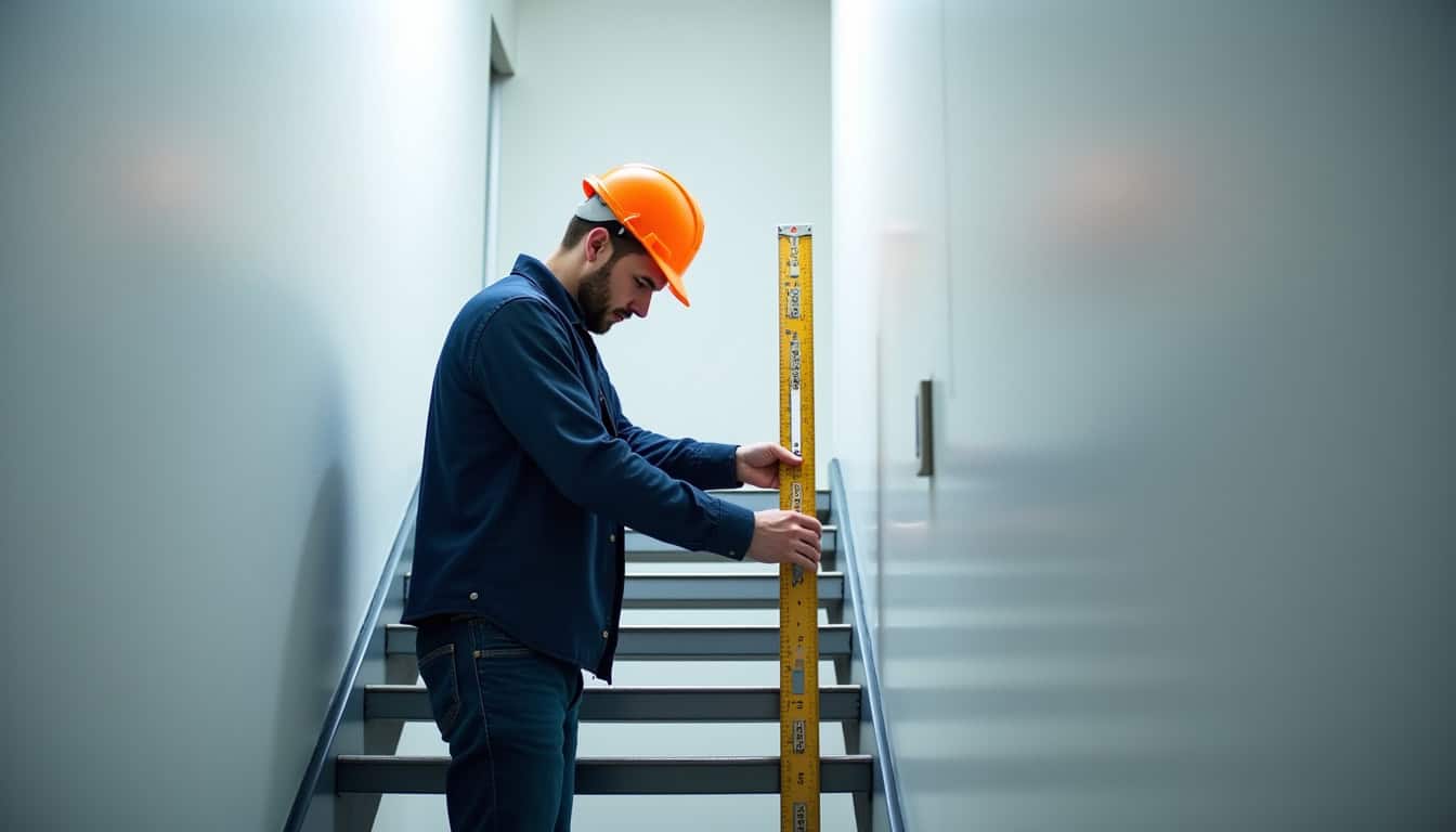 Technicien en train de mesurer un escalier pour un devis à Labruguière