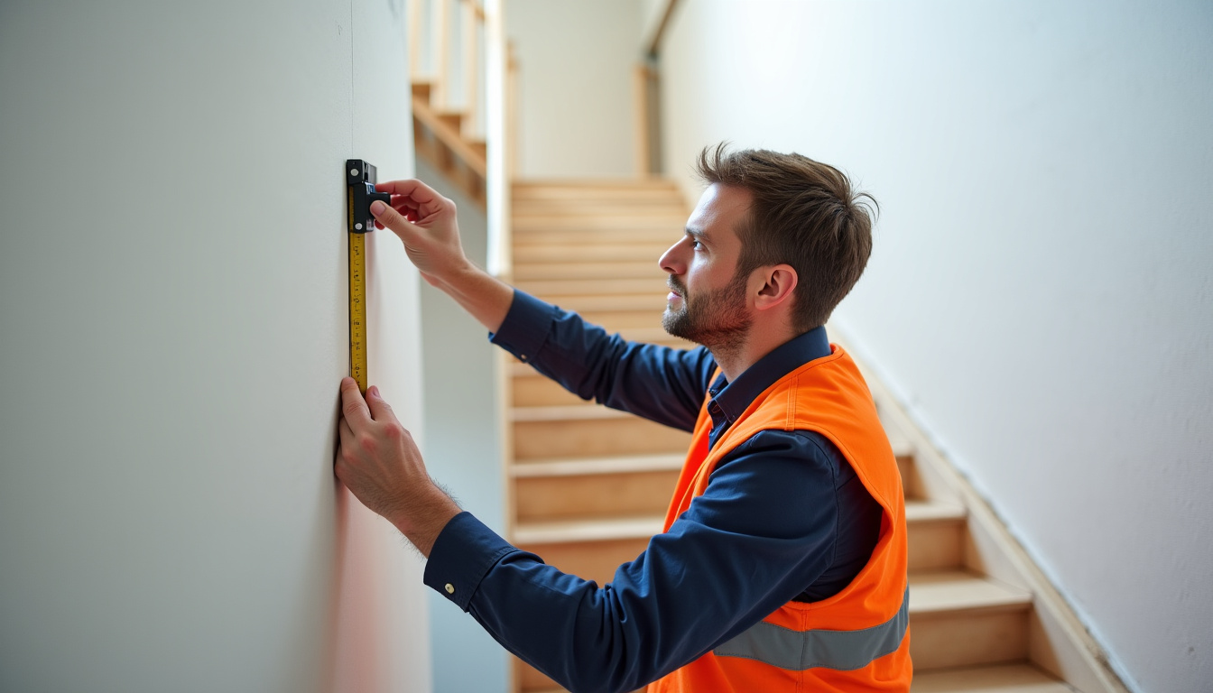 Technicien en train de mesurer un escalier pour un devis de monte-escalier en Aveyron