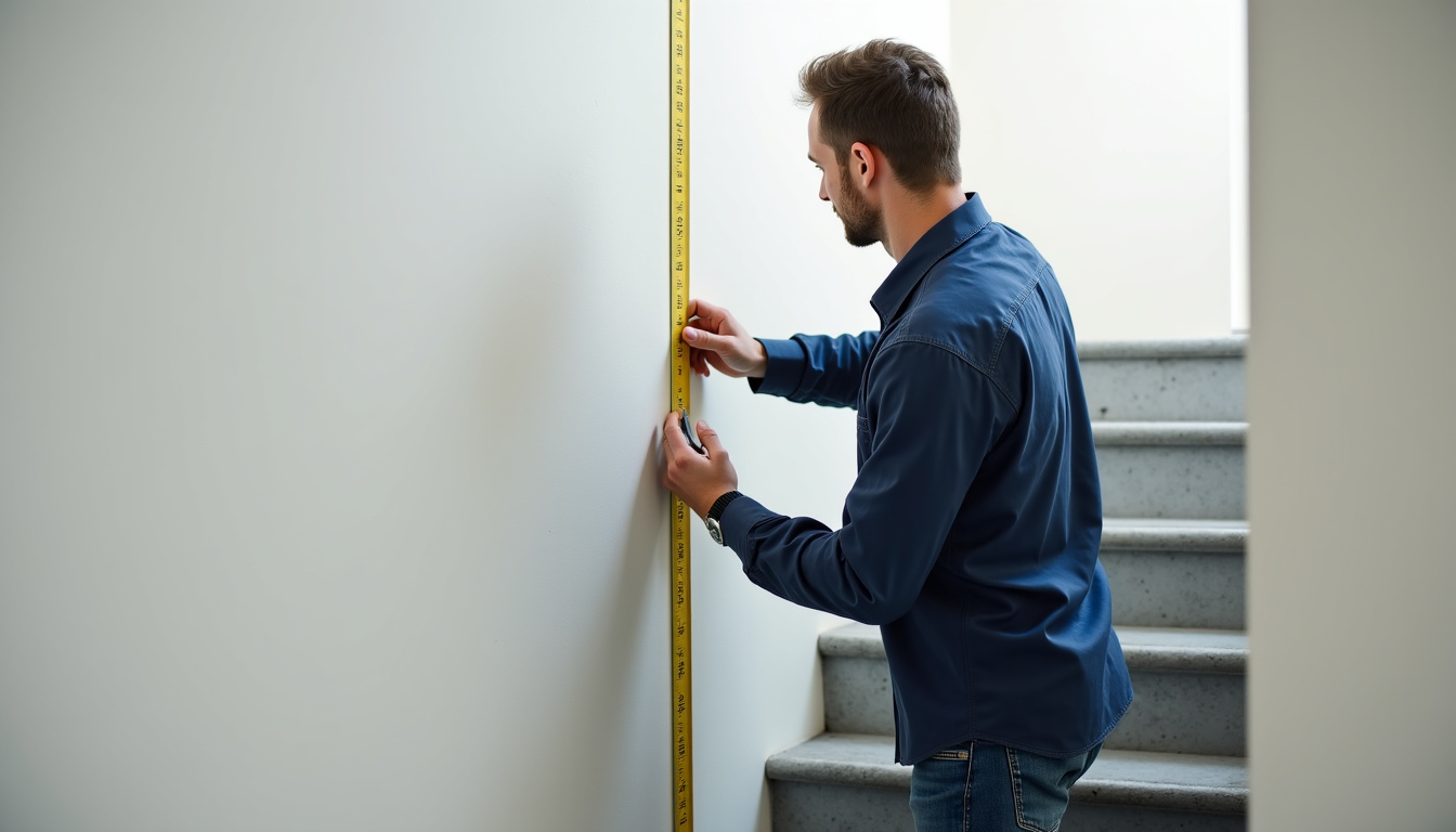 Technicien en train de mesurer un escalier pour un monte-escalier à Chevry
