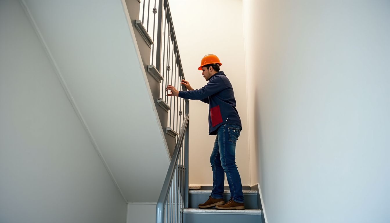 Technicien en train de mesurer un escalier pour une installation de monte escalier à Plouasne
