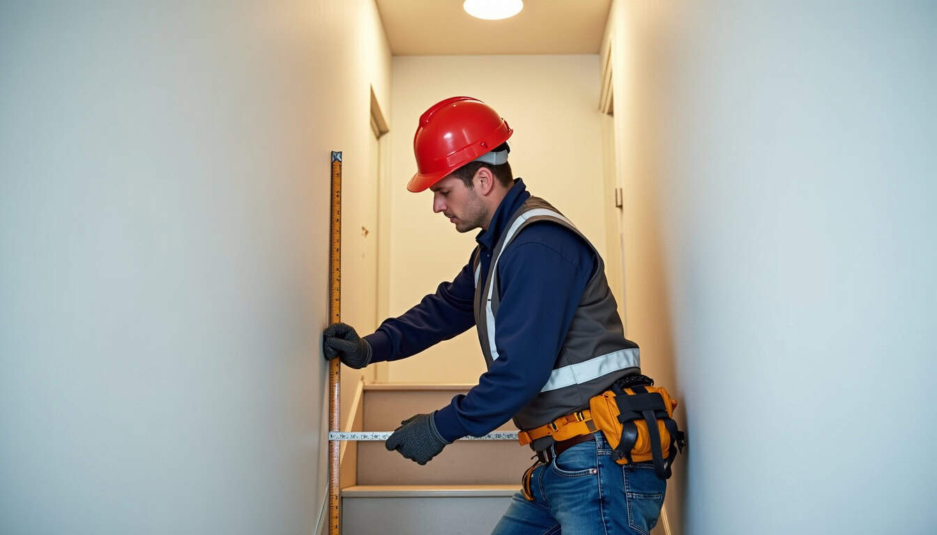 Technicien en train de mesurer un escalier pour une installation de monte-escalier à Saint-Vaast-lès-Mello