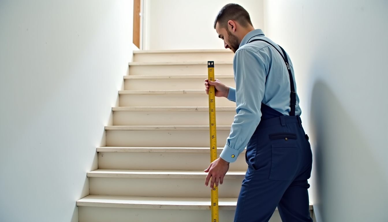 Technicien en train de mesurer un escalier pour une installation de monte-escalier à Theix-Noyalo