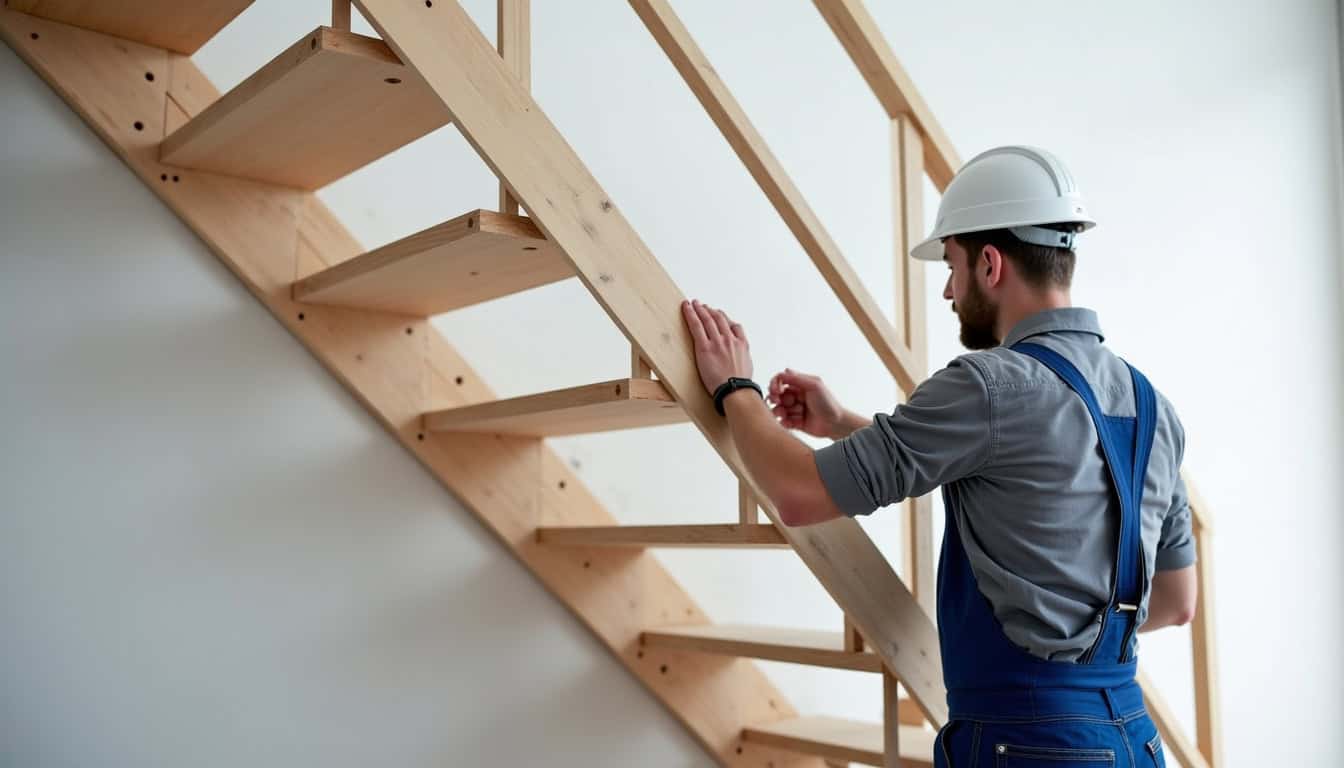 Technicien en train de mesurer un escalier pour une installation sur mesure à Barcelonnette