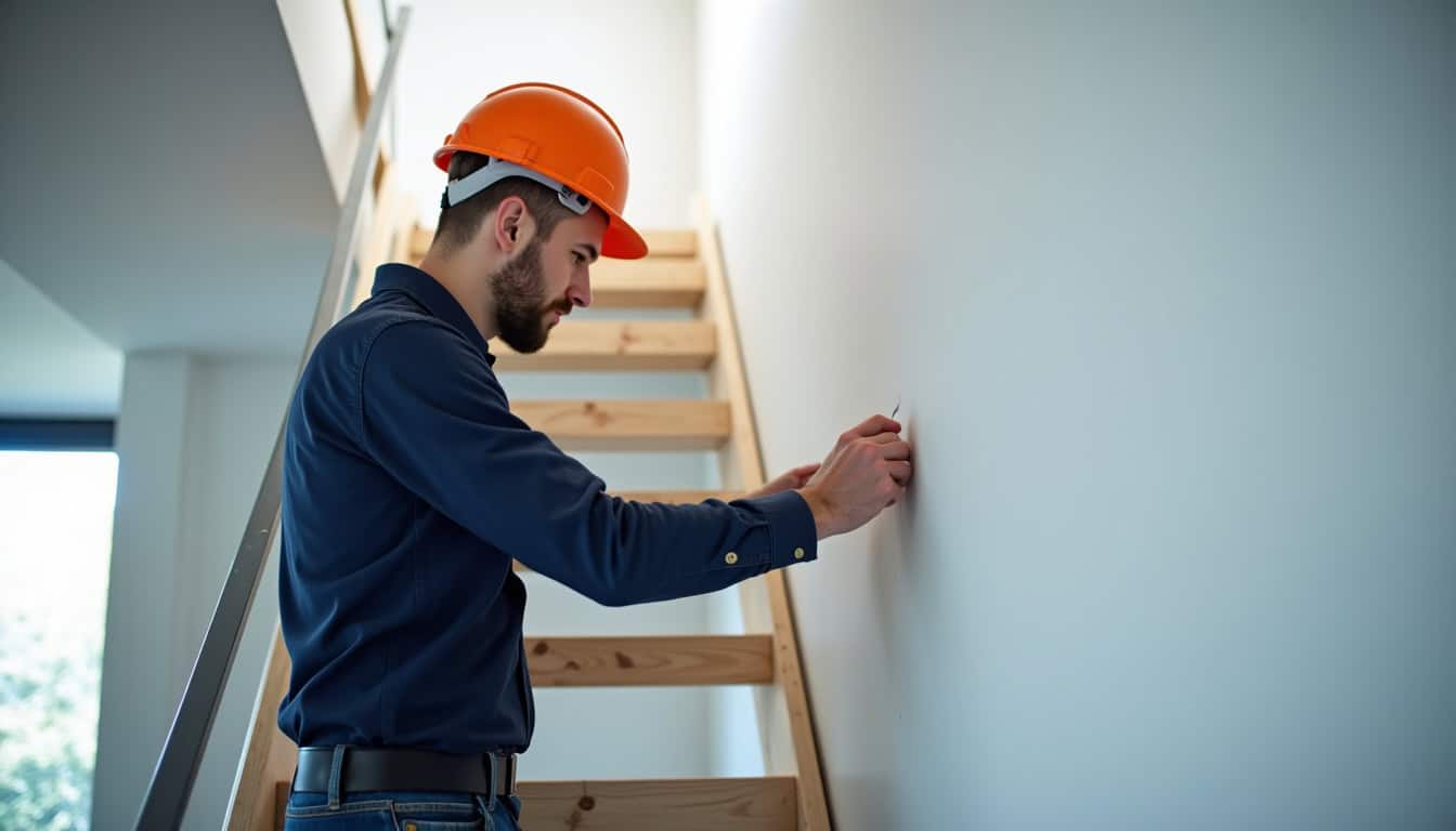 Technicien en train de mesurer un escalier tournant pour installation à La Ville-Dieu-du-Temple