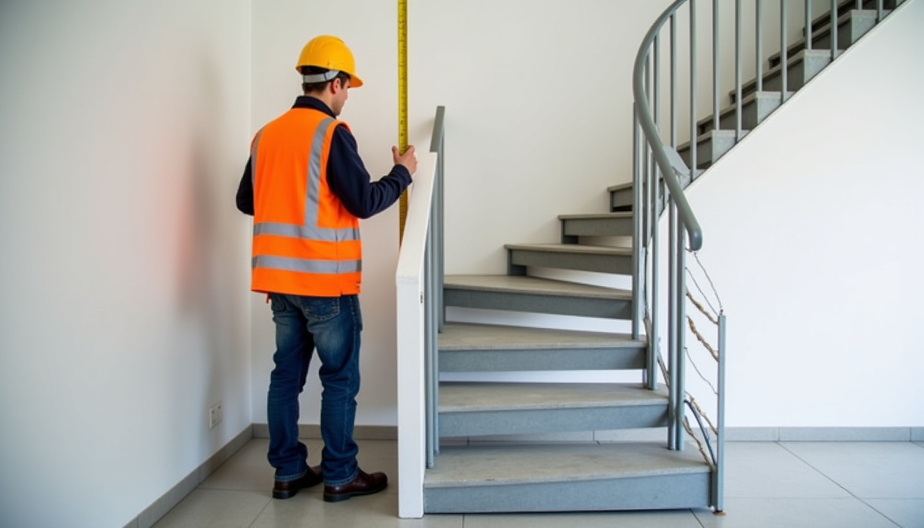 Technicien en train de mesurer un escalier tournant pour installation de monte-escalier à Wangenbourg-Engenthal