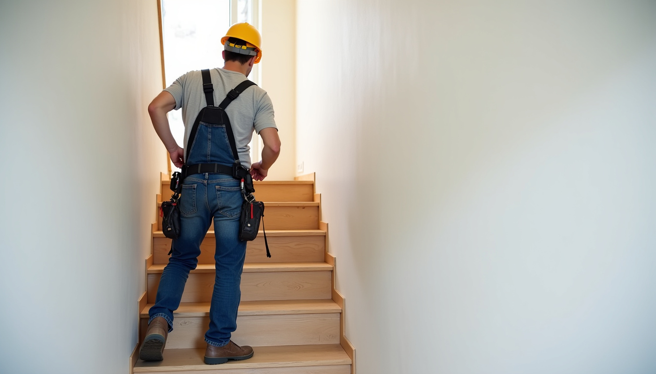 Technicien en train de poser un monte-escalier dans une habitation de Virieu-le-Grand