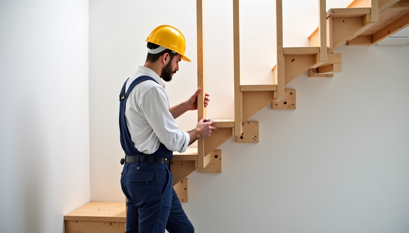 Technicien en train de poser un monte-escalier dans une maison à Meylan