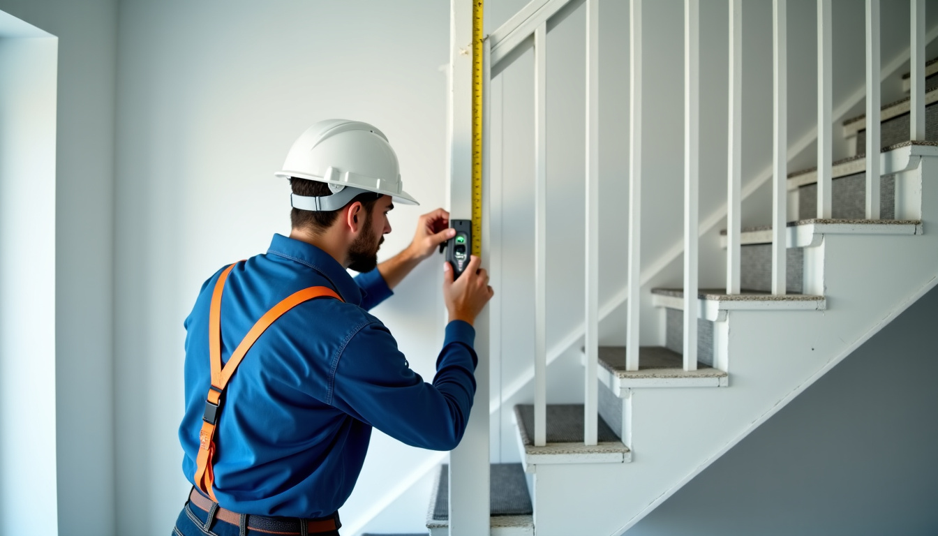 Technicien en train de prendre les mesures d’un escalier à Gerbéviller