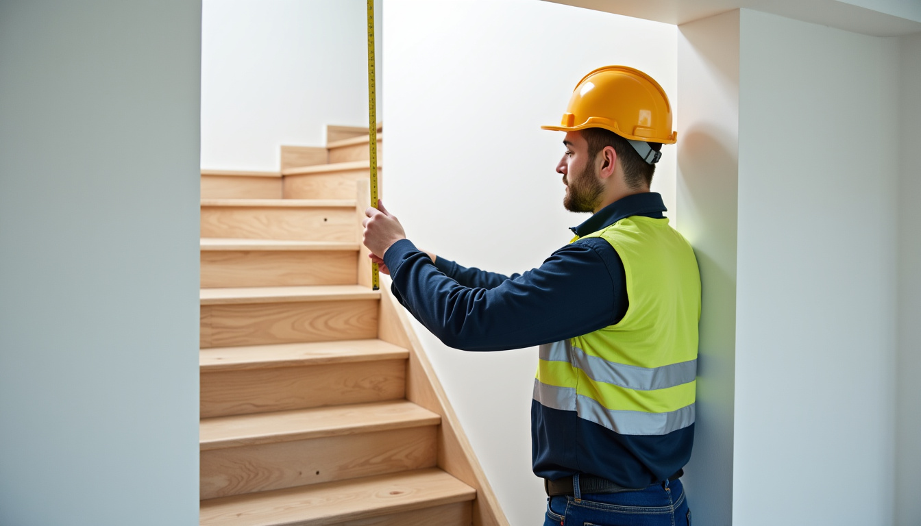 Technicien en train de prendre les mesures d’un escalier à Groissiat pour un monte-escalier