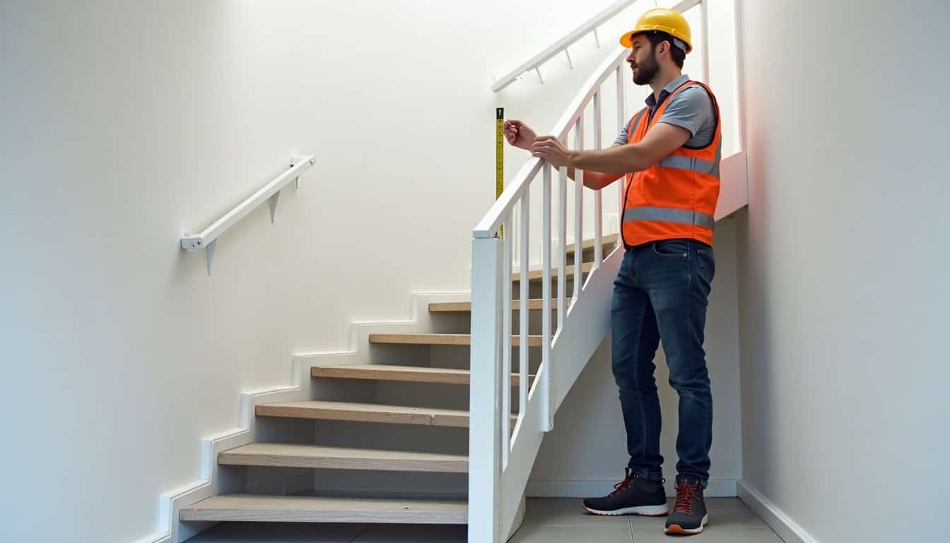 Technicien en train de prendre les mesures d’un escalier pour l’installation d’un monte-escalier à Enghien-les-Bains