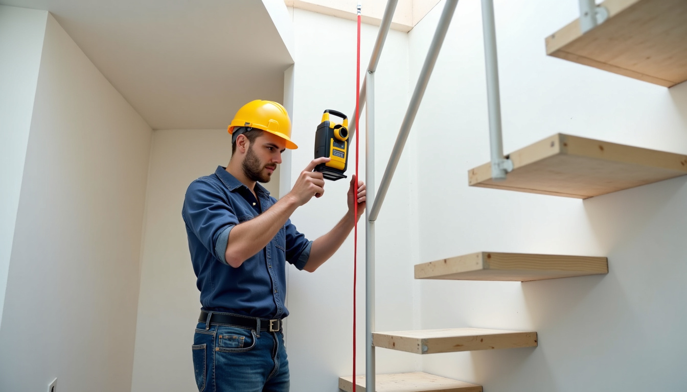 Technicien en train de prendre les mesures d’un escalier pour un monte-escalier sur mesure
