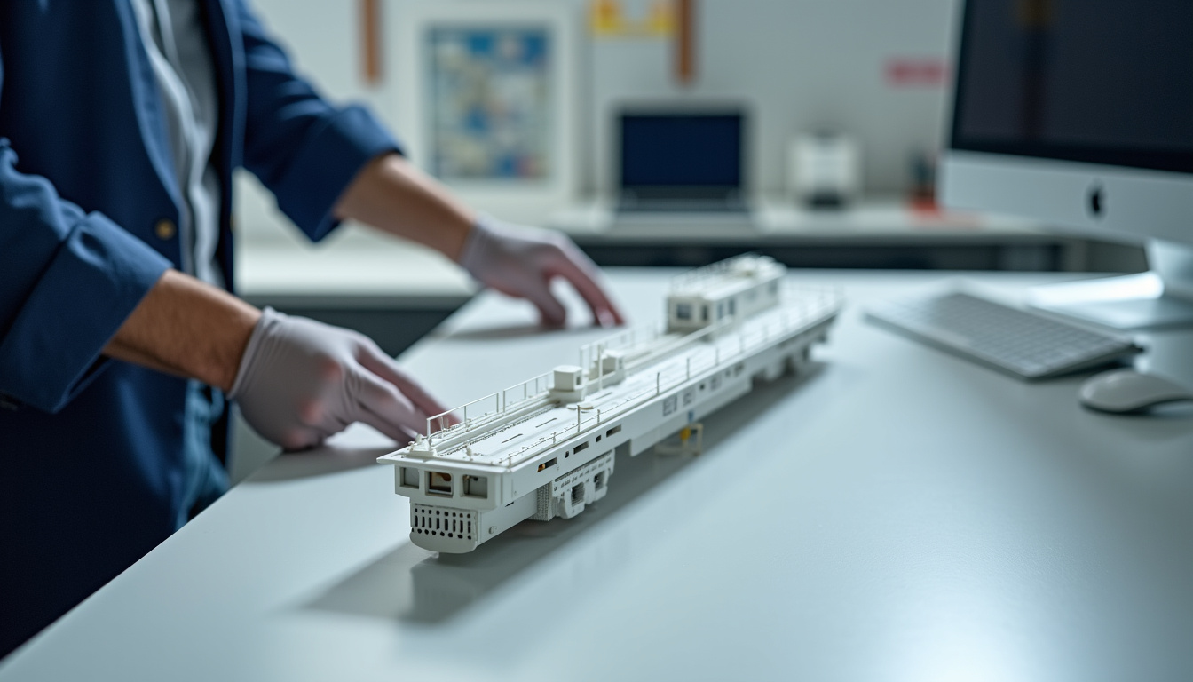 Technicien en train de présenter un devis avec un modèle de rail personnalisé à un client à Orly