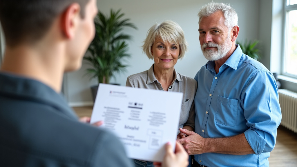 Technicien en train de présenter un devis détaillé à un couple âgé dans leur salon à Godewaersvelde