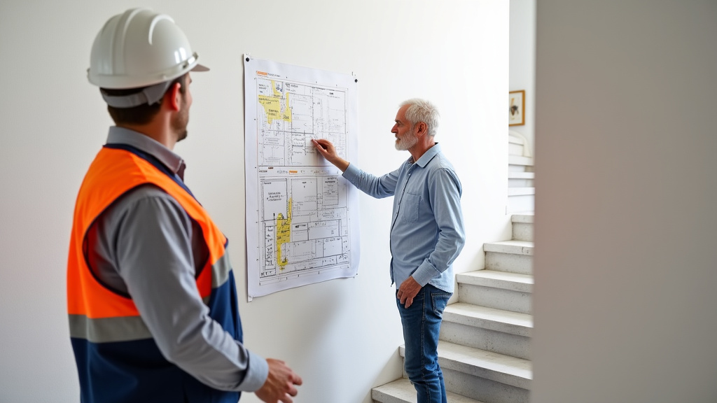 Technicien en train de présenter un devis détaillé pour un monte-escalier à un couple âgé dans une maison de Maurs